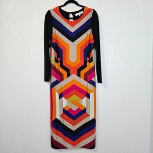 Trina‎ Turk Geometric Print Dress Size 6 Black Orange Midi Dress Retro 70's